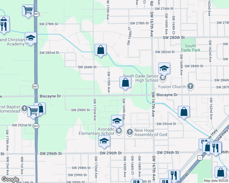 map of restaurants, bars, coffee shops, grocery stores, and more near 28700 Southwest 169th Avenue in Homestead