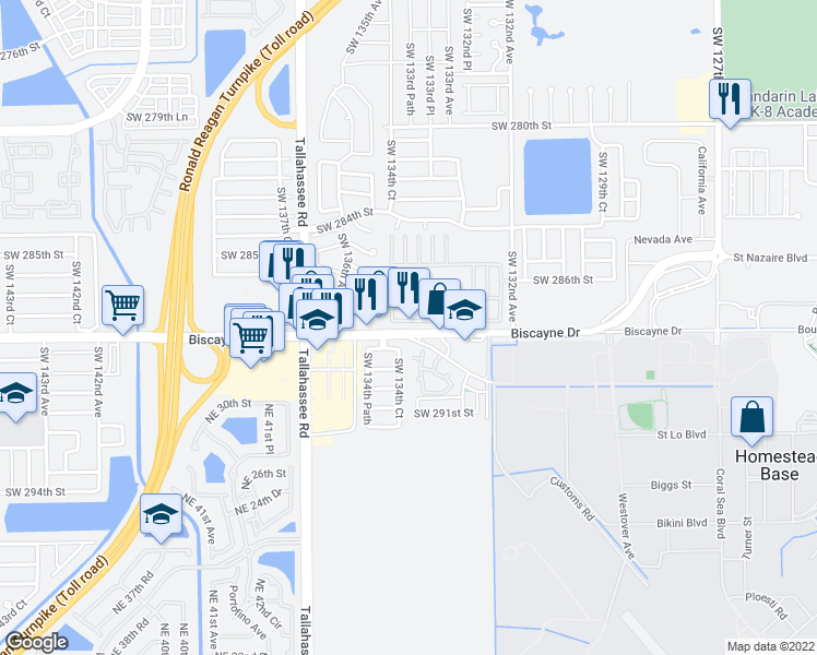 map of restaurants, bars, coffee shops, grocery stores, and more near 13449 Southwest 288th Street in Homestead