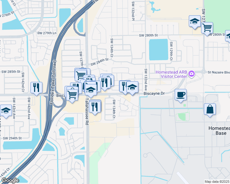 map of restaurants, bars, coffee shops, grocery stores, and more near 13449 Southwest 288th Street in Homestead