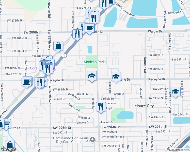 map of restaurants, bars, coffee shops, grocery stores, and more near 15201 Southwest 288th Street in Homestead