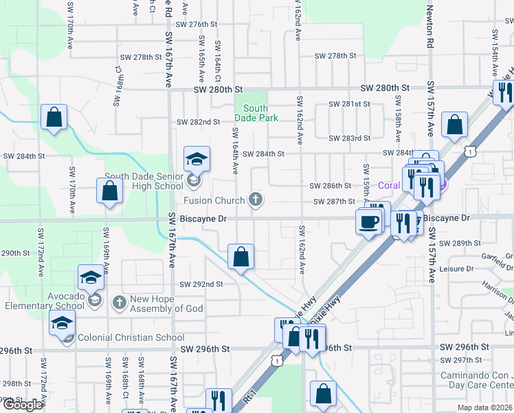 map of restaurants, bars, coffee shops, grocery stores, and more near 16325 Southwest 288th Street in Homestead