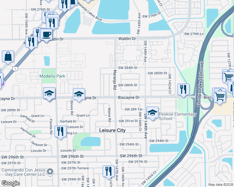 map of restaurants, bars, coffee shops, grocery stores, and more near 28721 Southwest 147th Avenue in Homestead