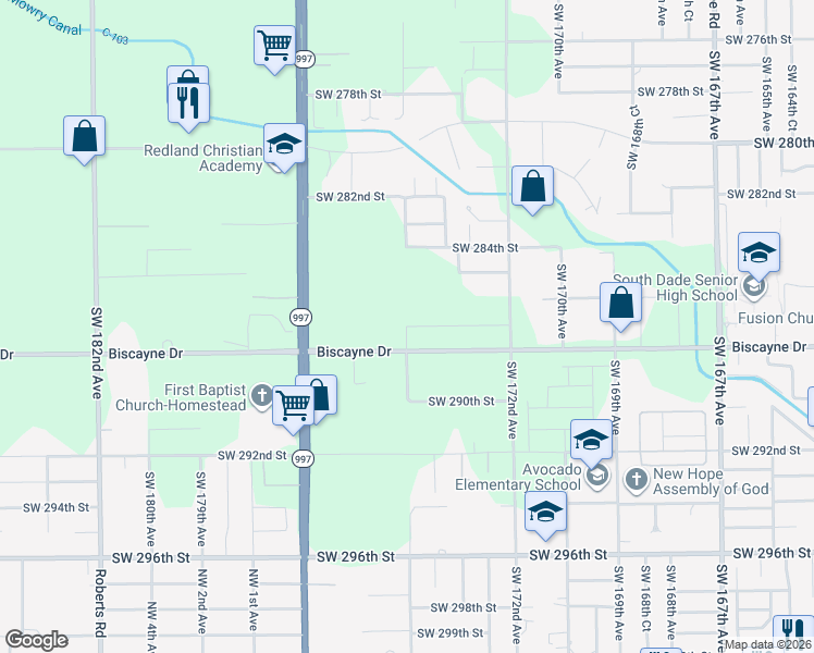 map of restaurants, bars, coffee shops, grocery stores, and more near 28733 Southwest 286th Street in Homestead