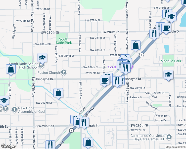 map of restaurants, bars, coffee shops, grocery stores, and more near 15990 Southwest 287th Street in Homestead