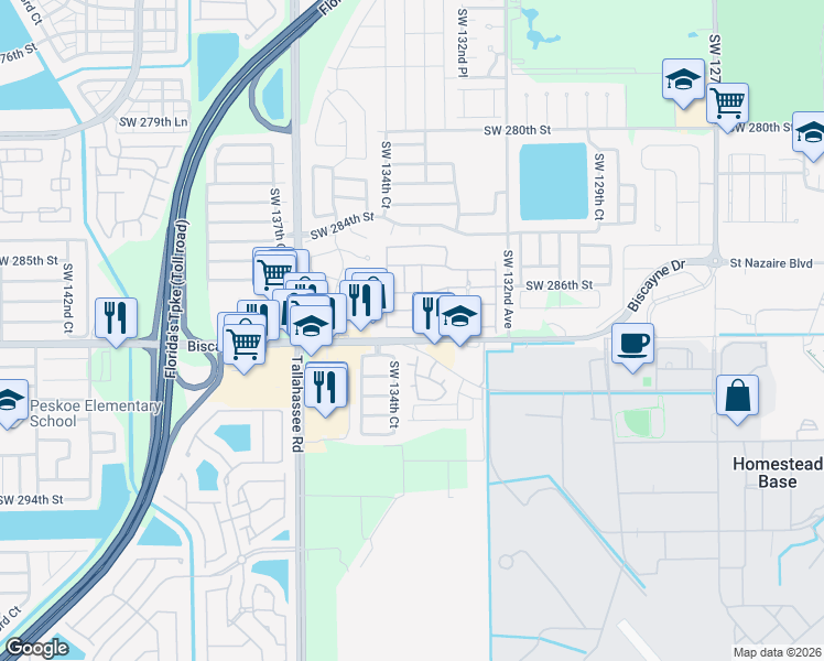 map of restaurants, bars, coffee shops, grocery stores, and more near 13387-13447 SW 288th St in Homestead