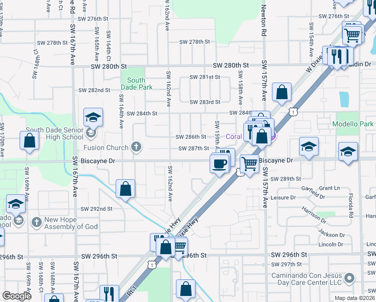 map of restaurants, bars, coffee shops, grocery stores, and more near 15990 Southwest 287th Street in Homestead