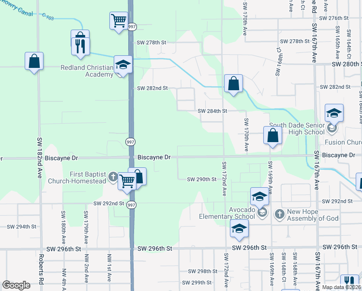 map of restaurants, bars, coffee shops, grocery stores, and more near 28733-28799 Southwest 286th Street in Homestead