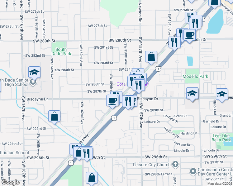 map of restaurants, bars, coffee shops, grocery stores, and more near 15840 Southwest 287th Street in Homestead