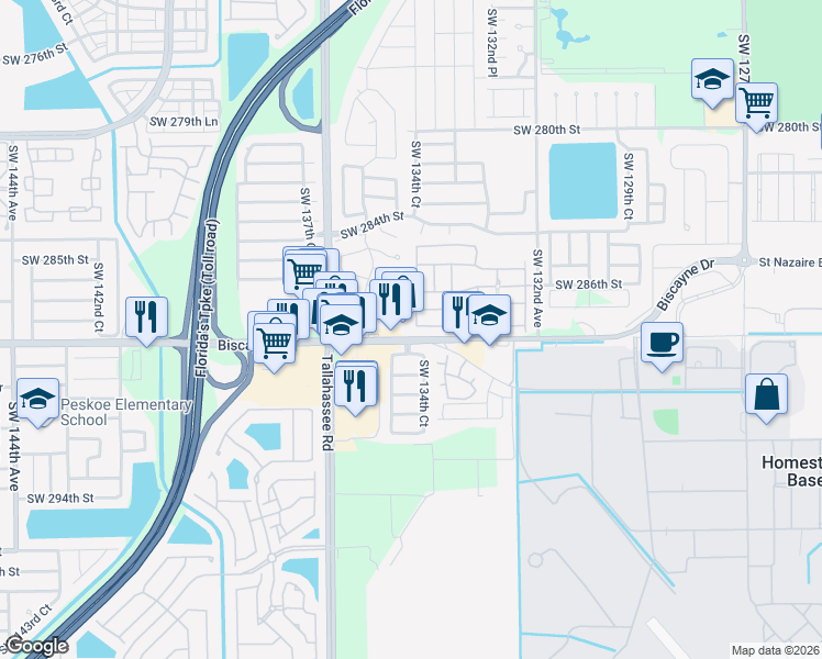 map of restaurants, bars, coffee shops, grocery stores, and more near 13449 Southwest 288th Street in Homestead