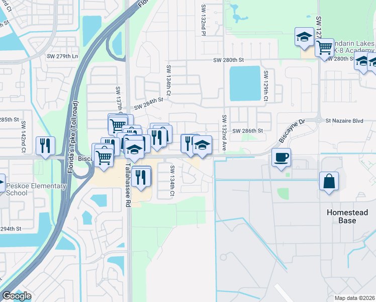 map of restaurants, bars, coffee shops, grocery stores, and more near 13387-13447 SW 288th St in Homestead