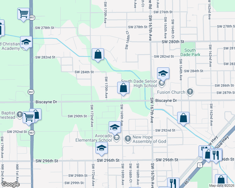 map of restaurants, bars, coffee shops, grocery stores, and more near 28700 SW 169th Ave in Homestead
