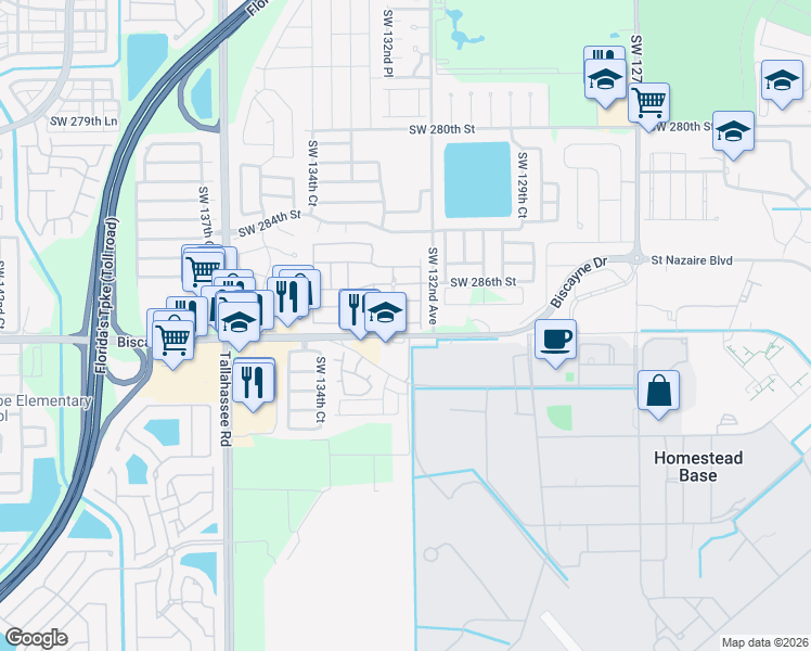 map of restaurants, bars, coffee shops, grocery stores, and more near 13350 Southwest 288th Street in Homestead