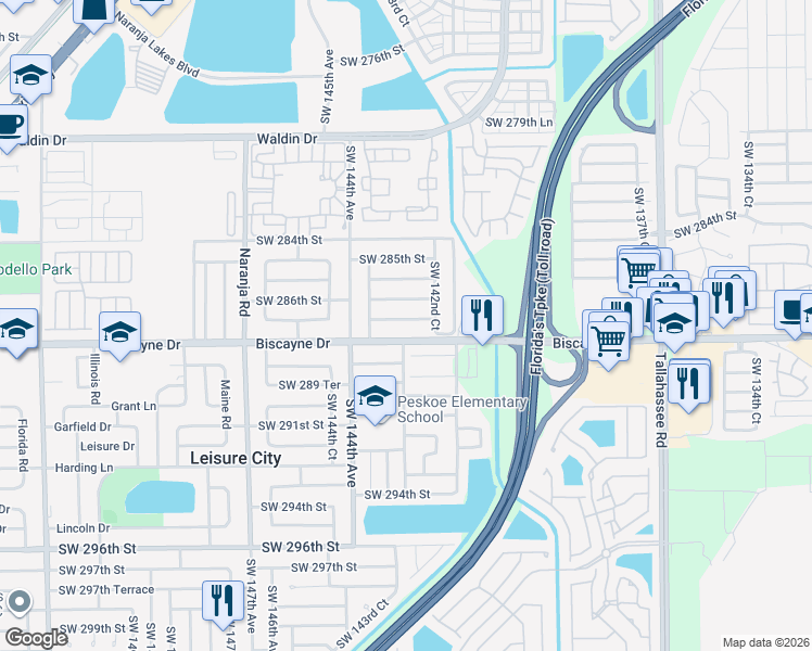 map of restaurants, bars, coffee shops, grocery stores, and more near 14290 Southwest 287th Street in Homestead