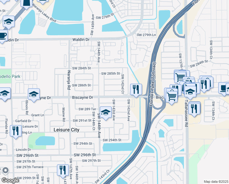 map of restaurants, bars, coffee shops, grocery stores, and more near 14290 Southwest 287th Street in Homestead