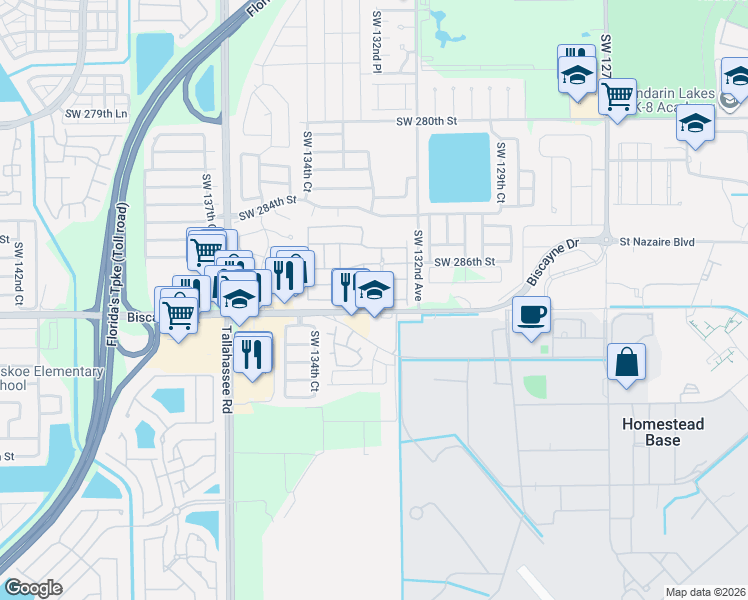 map of restaurants, bars, coffee shops, grocery stores, and more near 13350 Southwest 288th Street in Homestead