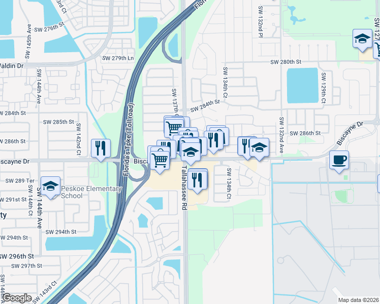 map of restaurants, bars, coffee shops, grocery stores, and more near 13695 Southwest 288th Street in Homestead