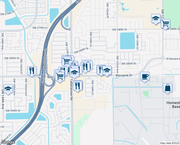 map of restaurants, bars, coffee shops, grocery stores, and more near 13449 Southwest 288th Street in Homestead