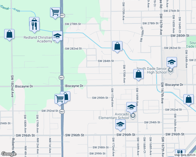 map of restaurants, bars, coffee shops, grocery stores, and more near 17320 Biscayne Drive in Homestead
