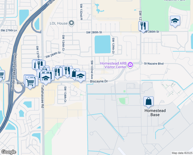 map of restaurants, bars, coffee shops, grocery stores, and more near 28705 Southwest 132nd Avenue in Homestead