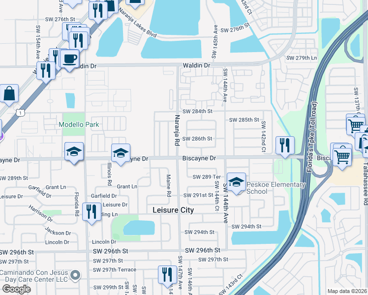 map of restaurants, bars, coffee shops, grocery stores, and more near 28721 Southwest 147th Avenue in Homestead