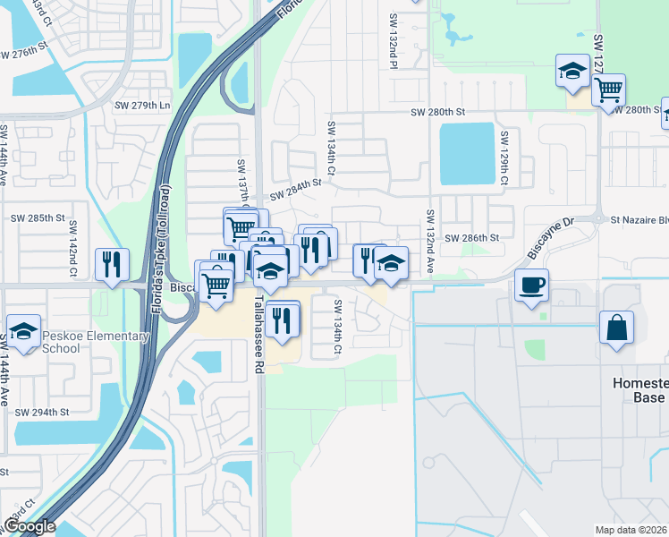 map of restaurants, bars, coffee shops, grocery stores, and more near 13449 Southwest 288th Street in Homestead