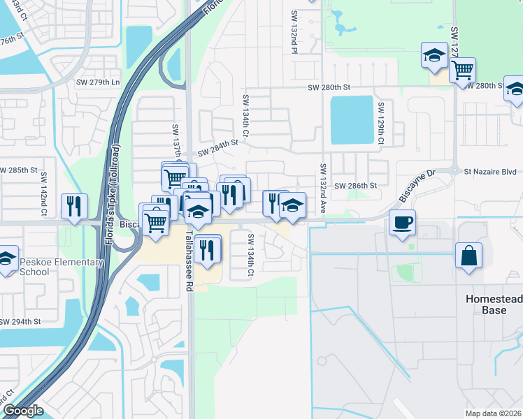 map of restaurants, bars, coffee shops, grocery stores, and more near 13387-13447 SW 288th St in Homestead