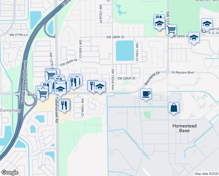 map of restaurants, bars, coffee shops, grocery stores, and more near 28705 Southwest 132nd Avenue in Homestead