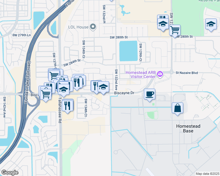 map of restaurants, bars, coffee shops, grocery stores, and more near 28765 Southwest 132nd Court in Homestead