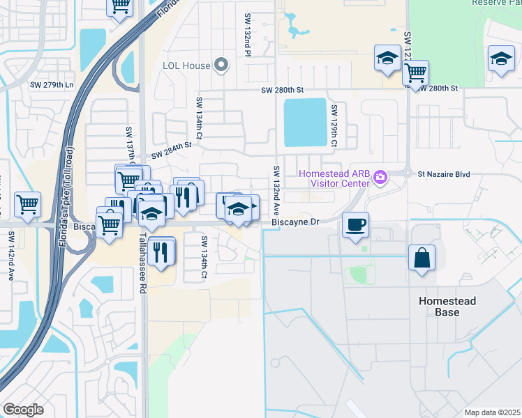 map of restaurants, bars, coffee shops, grocery stores, and more near 28705 Southwest 132nd Avenue in Homestead