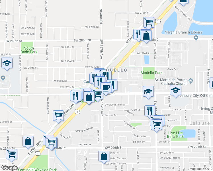 map of restaurants, bars, coffee shops, grocery stores, and more near 28655 S Federal Hwy in Homestead
