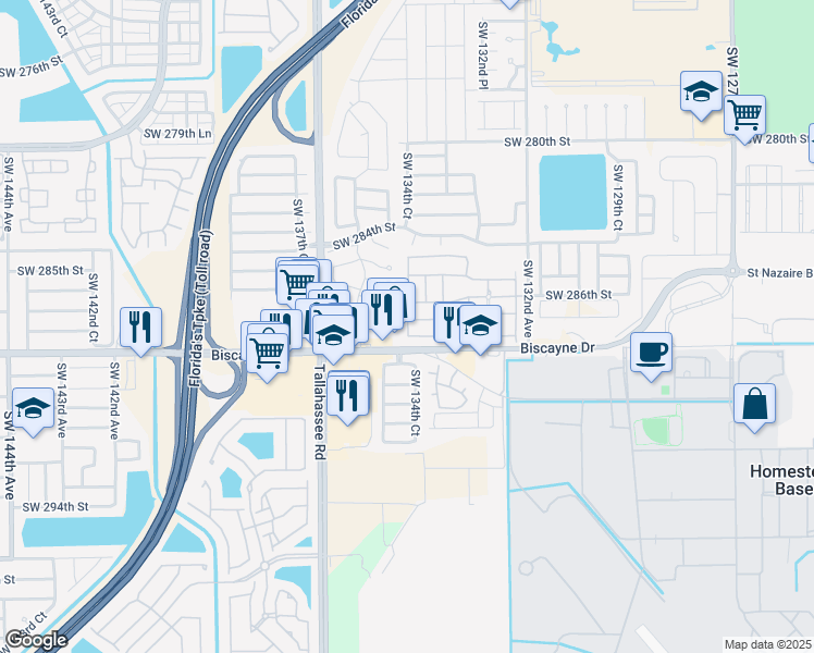 map of restaurants, bars, coffee shops, grocery stores, and more near 13449 Southwest 288th Street in Homestead
