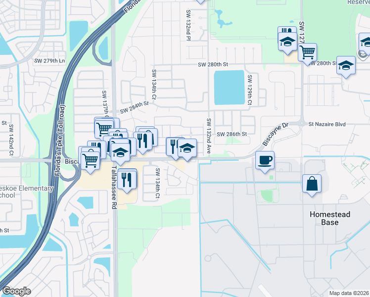 map of restaurants, bars, coffee shops, grocery stores, and more near 13350 Southwest 288th Street in Homestead