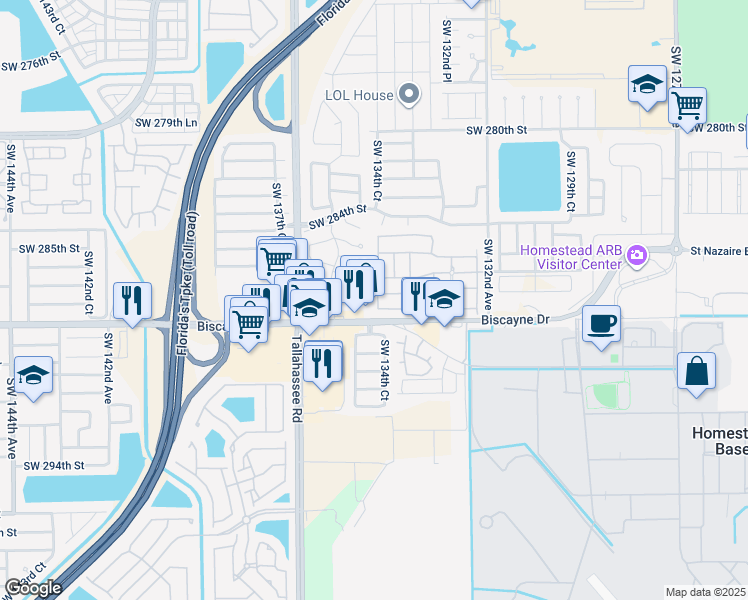 map of restaurants, bars, coffee shops, grocery stores, and more near 13449 Southwest 288th Street in Homestead