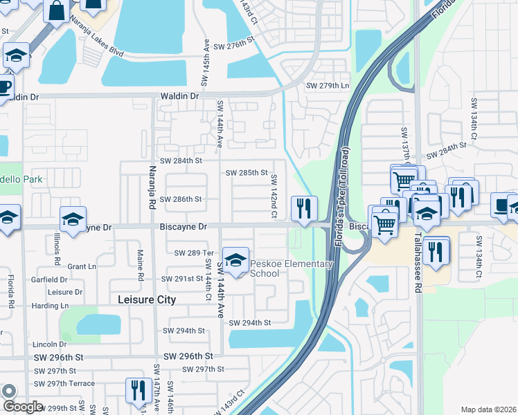 map of restaurants, bars, coffee shops, grocery stores, and more near 14290 Southwest 287th Street in Homestead