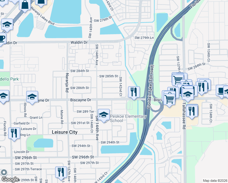 map of restaurants, bars, coffee shops, grocery stores, and more near 14290 Southwest 287th Street in Homestead