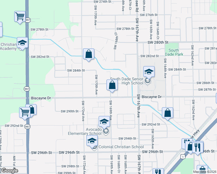 map of restaurants, bars, coffee shops, grocery stores, and more near 28700 Southwest 169th Avenue in Homestead