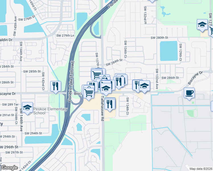 map of restaurants, bars, coffee shops, grocery stores, and more near 13695 Southwest 288th Street in Homestead
