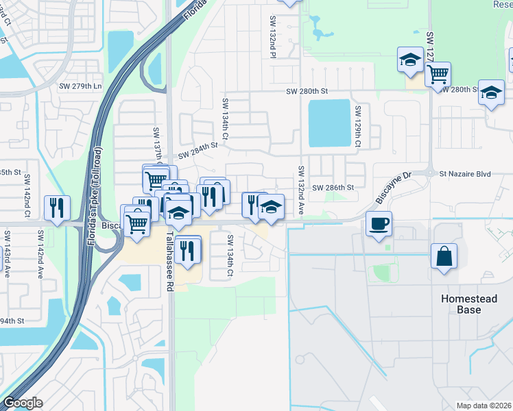 map of restaurants, bars, coffee shops, grocery stores, and more near 13387-13447 SW 288th St in Homestead
