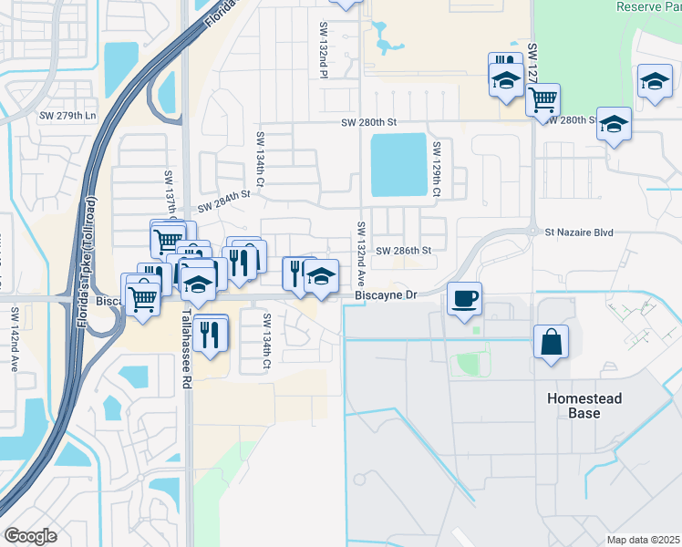 map of restaurants, bars, coffee shops, grocery stores, and more near 28705 Southwest 132nd Avenue in Homestead