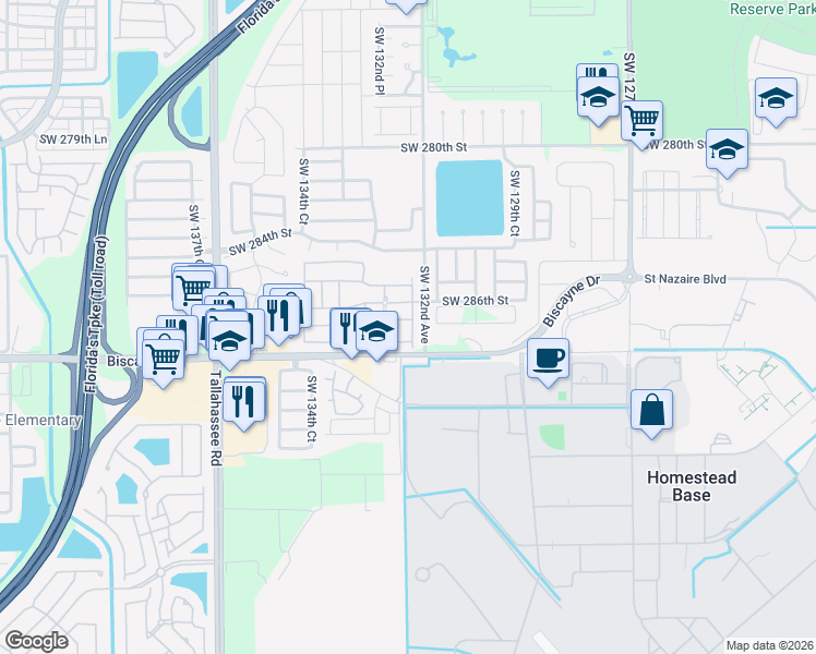 map of restaurants, bars, coffee shops, grocery stores, and more near 28705 Southwest 132nd Avenue in Homestead