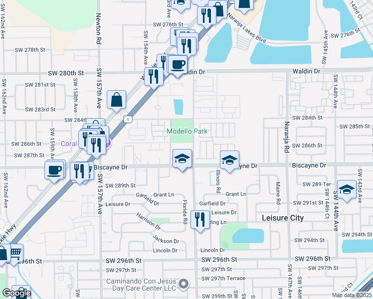 map of restaurants, bars, coffee shops, grocery stores, and more near 15201 Southwest 288th Street in Homestead