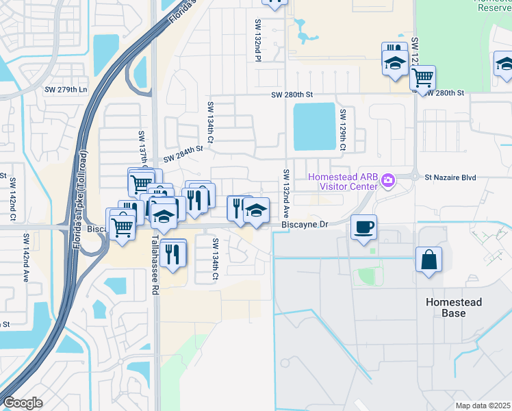 map of restaurants, bars, coffee shops, grocery stores, and more near 28600 Southwest 132nd Avenue in Homestead