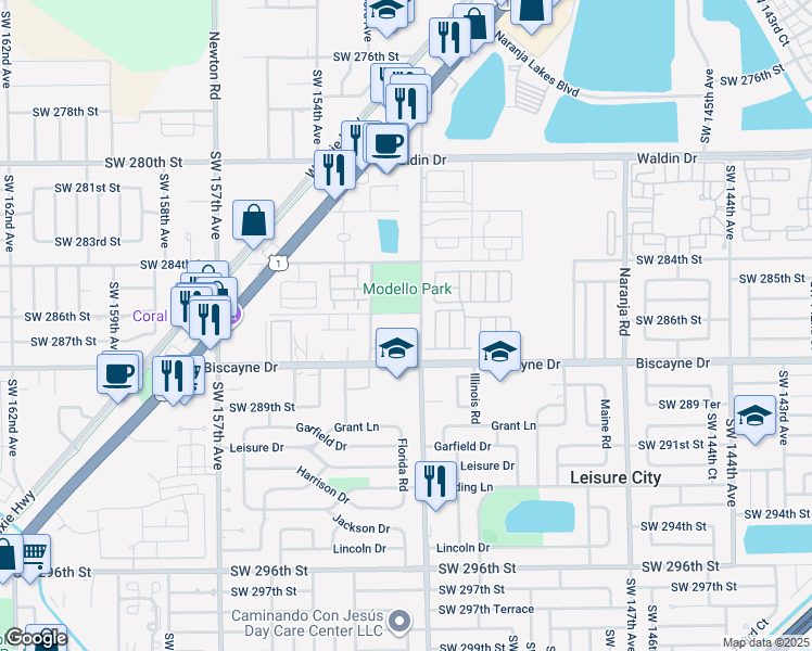 map of restaurants, bars, coffee shops, grocery stores, and more near 15230 Southwest 286th Street in Homestead
