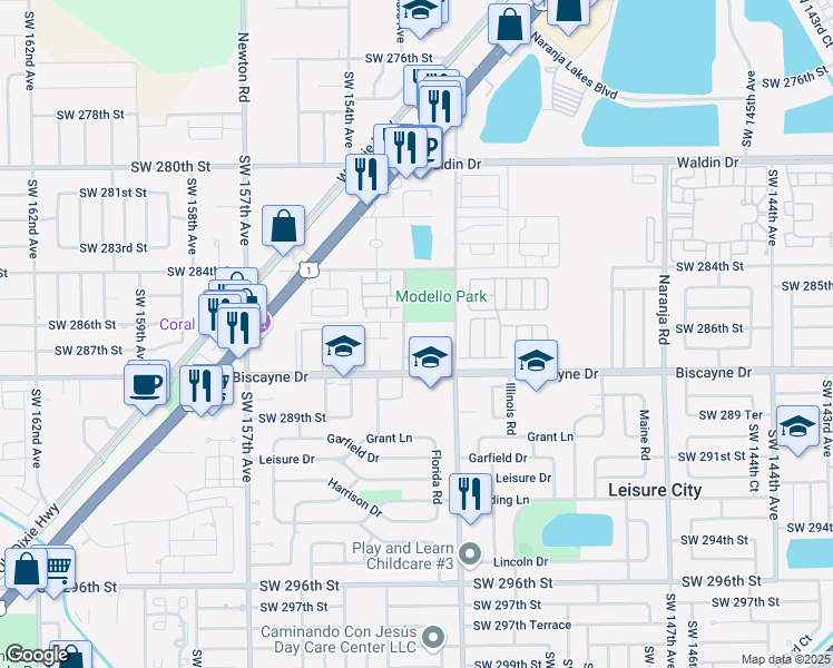map of restaurants, bars, coffee shops, grocery stores, and more near 15297 Southwest 286th Street in Homestead