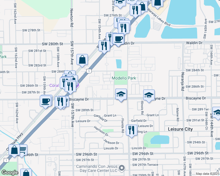 map of restaurants, bars, coffee shops, grocery stores, and more near 15297 Southwest 286th Street in Homestead