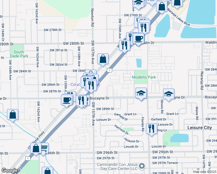 map of restaurants, bars, coffee shops, grocery stores, and more near 15440 Southwest 284th Street in Homestead