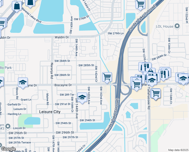 map of restaurants, bars, coffee shops, grocery stores, and more near 28535 Southwest 142nd Court in Homestead