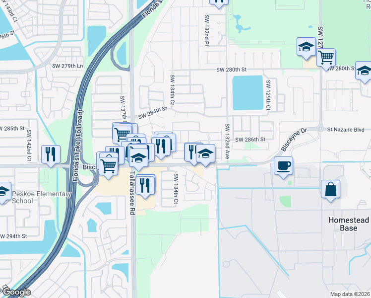 map of restaurants, bars, coffee shops, grocery stores, and more near 28600 Southwest 132nd Avenue in Homestead