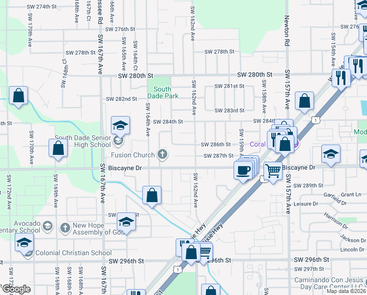 map of restaurants, bars, coffee shops, grocery stores, and more near 16241 Southwest 286th Street in Homestead