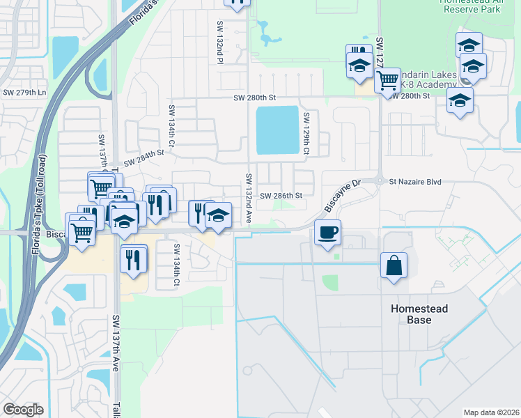 map of restaurants, bars, coffee shops, grocery stores, and more near 13059 Southwest 286th Street in Homestead